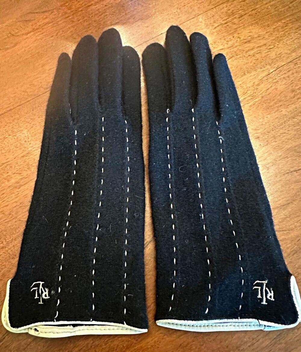 Lauren Ralph Lauren Women's Black Wool Lined Gloves White Trim Logo Size S